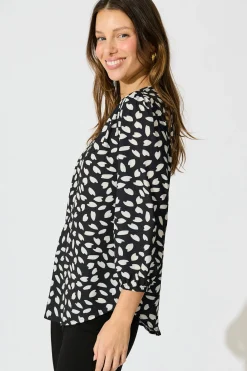 Outlet Viviani Zip Top in Black and White Leaf Tops|Workwear