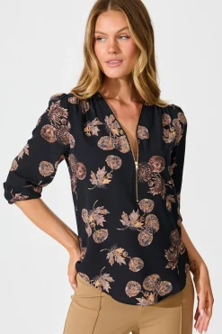 Discount Viviani Zip Top In Charcoal with Apricot Floral Tops|Workwear