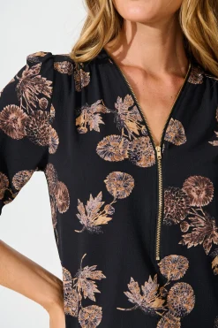 Discount Viviani Zip Top In Charcoal with Apricot Floral Tops|Workwear