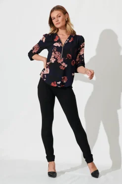 Clearance Viviani Zip Top In Navy With Pink And Blush Floral Tops|Workwear