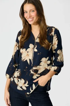 New Viviani Zip Top in Navy with Cream Floral Tops|Workwear