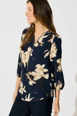 New Viviani Zip Top in Navy with Cream Floral Tops|Workwear