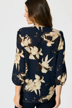 New Viviani Zip Top in Navy with Cream Floral Tops|Workwear