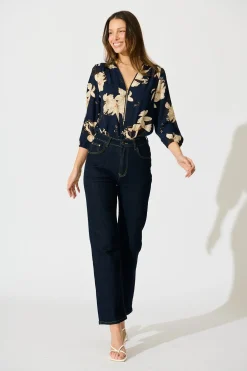 New Viviani Zip Top in Navy with Cream Floral Tops|Workwear