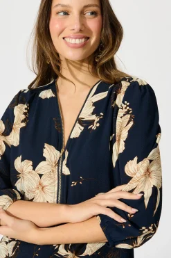 New Viviani Zip Top in Navy with Cream Floral Tops|Workwear