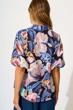 Hot Whimsical Shirt in Multi Blue Floral Linen Blend Tops|Party & Occasion