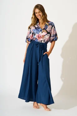 Hot Whimsical Shirt in Multi Blue Floral Linen Blend Tops|Party & Occasion
