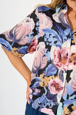 Hot Whimsical Shirt in Multi Blue Floral Linen Blend Tops|Party & Occasion