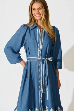 Sale Whisper Midi Shirt Dress in Blue Chambray Embroidery Dresses|Casual