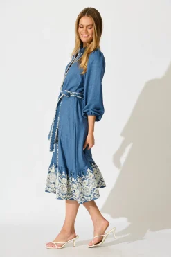 Sale Whisper Midi Shirt Dress in Blue Chambray Embroidery Dresses|Casual