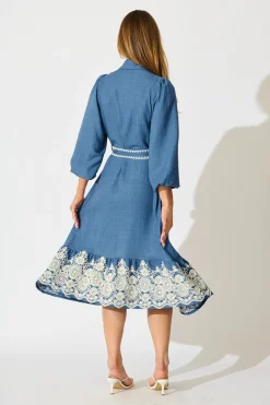 Sale Whisper Midi Shirt Dress in Blue Chambray Embroidery Dresses|Casual
