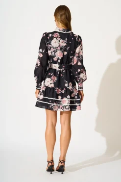 Clearance Wild Flower Muse Shirt Dress in Black with Blush Floral Dresses|Party
