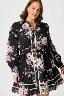 Clearance Wild Flower Muse Shirt Dress in Black with Blush Floral Dresses|Party