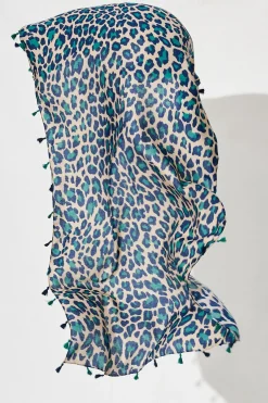 Fashion Wild Side Scarf In Beige With Green And Blue Leopard Print Scarves
