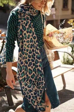 Fashion Wild Side Scarf In Beige With Green And Blue Leopard Print Scarves