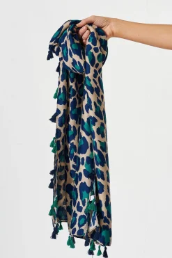 Fashion Wild Side Scarf In Beige With Green And Blue Leopard Print Scarves