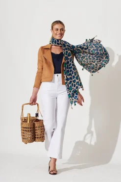 Fashion Wild Side Scarf In Beige With Green And Blue Leopard Print Scarves