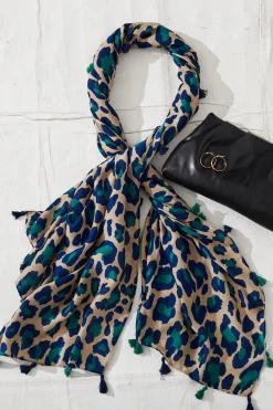 Fashion Wild Side Scarf In Beige With Green And Blue Leopard Print Scarves