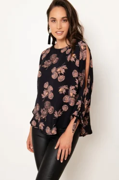 Clearance Windbreaker Top in Charcoal with Apricot Floral Tops|Party & Occasion