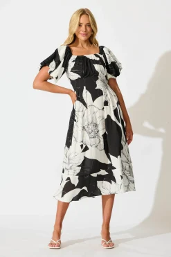 Outlet Wintour Midi Dress In Black With White Floral Dresses|Casual