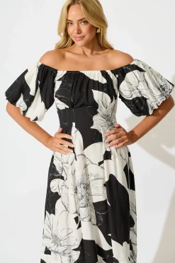 Outlet Wintour Midi Dress In Black With White Floral Dresses|Casual