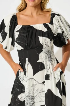 Outlet Wintour Midi Dress In Black With White Floral Dresses|Casual