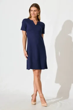 Clearance Workflow Stretch V neck Dress in Navy Dresses|Casual