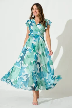 Sale Wynter Maxi Dress In Green And Blue Floral Chiffon Dresses|Party
