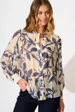 Clearance Yulia Top in Cream with Blue Leaf Print Tops|Casual