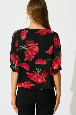 Sale Yvette Top in Black with Red Floral Tops|Workwear