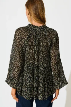 Online Zahara Top in Black Multi Floral Plisse Tops|Workwear
