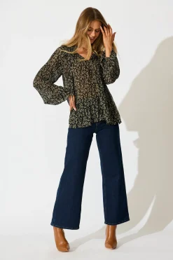 Online Zahara Top in Black Multi Floral Plisse Tops|Workwear