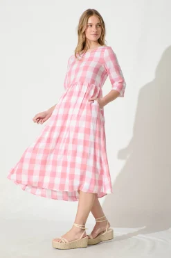 New Zara Midi Smock Dress in Pink with White Gingham Cotton Dresses|Casual