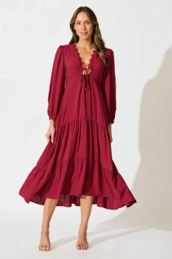 Clearance Zena Midi Dress in Wine Dresses|Casual