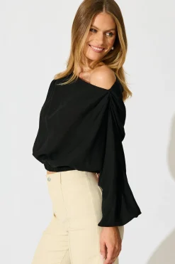 Discount Zita Off Shoulder Top in Black Cotton Linen Tops|Casual