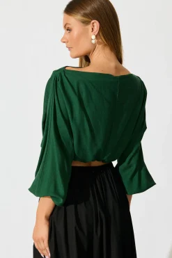 Best Zita Off Shoulder Top in Emerald Cotton Linen Tops|Casual